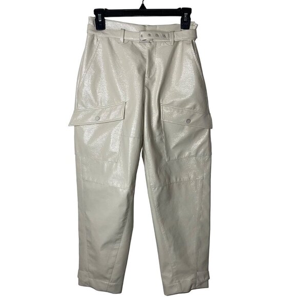 Ted Baker Womens Trouser Size XS Cream Vinala Barrel Leg Vinyl Pockets Belt